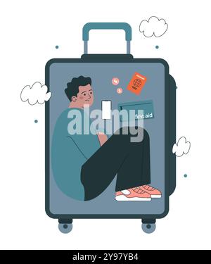 20. Juni, Weltflüchtlingstag. Flüchtling im Koffer verlässt das Haus wegen Krieg und sucht nach einem sicheren Ort zum Leben. Sozialkrisengedanke, ehrenamtliche Hilfe. Illustration des flachen Vektors Stock Vektor
