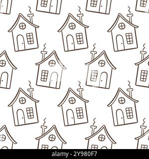 Cozy Houses Doodle Sketch Süßes Nahtloses Muster Stock Vektor
