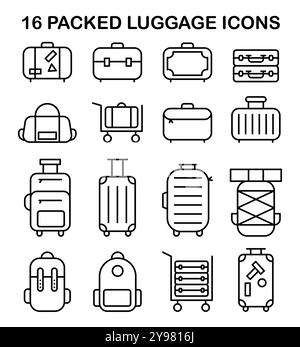 Gepäcksymbole eingestellt. Einfache schwarz-weiße Liniensymbole für verschiedene Arten von Puckgepäck. Plastikkoffer, Stoffrucksack und Tasche. Moderne Tourismus- und Verkehrsidee. Illustration des flachen Vektors Stock Vektor