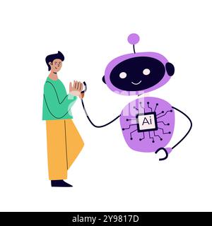 Künstliches Intelligenzkonzept mit Menschen und Robotern. Illustration des flachen Vektors. Person, die KI-Technologie für die Arbeit verwendet. Zusammenarbeit mit Ai Robotic p Stock Vektor