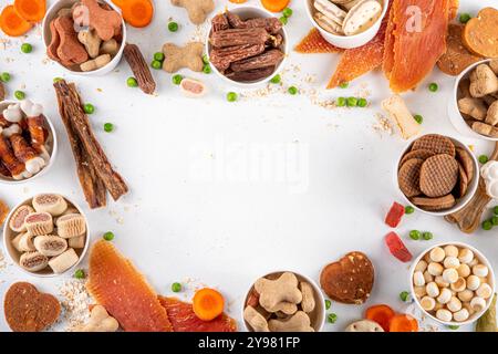 Gesunde Snacks, Hundetraining Leckereien. Auswahl an Snacks für Haustiere, Hundekekse Knochen mit Gemüse und Müsli, verschiedene getrocknete Fleisch- und Schlachtnebenerzeugnisse Stockfoto