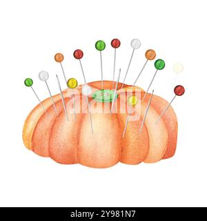 Orangefarbenes Kissen mit metallischen Nadeln und Nadeln. Clipart wird vernäht. Maßgeschneidert. Schneiderei. Handgezeichnete Aquarellillustration. Stockfoto