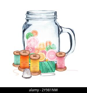 Glasbecher mit bunten Knöpfen, Nähfäden und Fingerhut. Clipart wird vernäht. Schneiderei. Handgezeichnete Aquarellillustration. Stockfoto