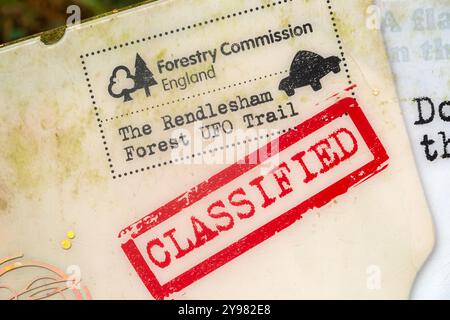 UFO-Informationen am angeblichen Landeplatz, Rendlesham Forest, Suffolk, England, Großbritannien - geheimes Dokument Stockfoto