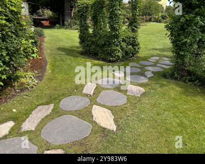 Steinweg auf einem Zelonrasen. Stockfoto
