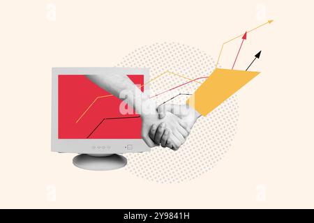 Kreative Collage zwei Hände halten sich gegenseitig Kommunikationspaar Partner Textbox Sprache Antwort Nachricht Zeichnen Hintergrund Stockfoto