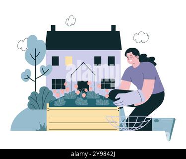 Umweltfreundliches Resort. Sommerferien auf dem Bauernhof. Weibliche Figur, die eine Erdbeere erntet. Ökologische Landwirtschaft und Tourismus. Nachhaltiges Leben in der Gemeinschaft. Illustration des flachen Vektors Stock Vektor