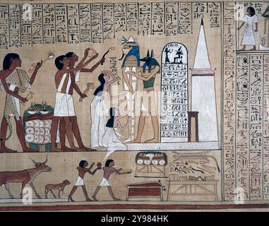 BUCH DER TOTEN der ägyptische Schreiber Hunefer aus der 19. Dynastie veranschaulicht die Öffnung der Mundzeremonie, indem er seine eigene mumifizierte Figur zeigt, die das Ritual durchläuft. Stockfoto