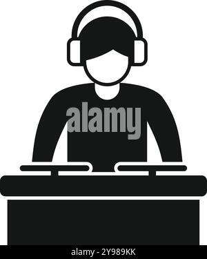 Schwarzes Symbol für einen männlichen dj, der Musik auf einer Mischpultkonsole spielt, isoliert auf weißem Hintergrund Stock Vektor