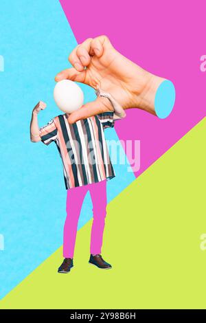 Poster Collage Bild von lustigem seltsamen Kerl ohne Gesicht starke Arme Bizeps Trizeps isoliert auf kreativem Hintergrund Stockfoto