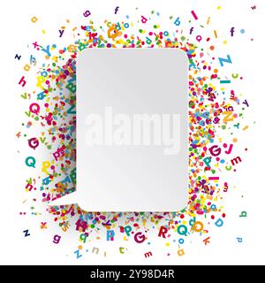 Rechteck-Sprechblase farbige Buchstaben Logopaedie 2 Rechteck-Sprechblase mit farbigen Buchstaben und Konfetti auf dem grauen Hintergrund. Stockfoto