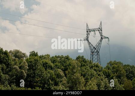 Pylon zur Unterstützung von Hochspannungskabeln in einem Tal der Seealpen Stockfoto