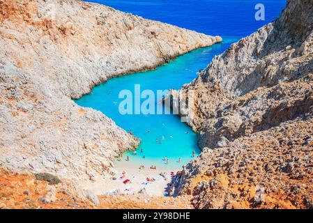 Kreta, Griechenland. Seitan Limani Strand mit azurblauem, klarem Wasser, Ägäis und Reiseziel der griechischen Inseln. Stockfoto