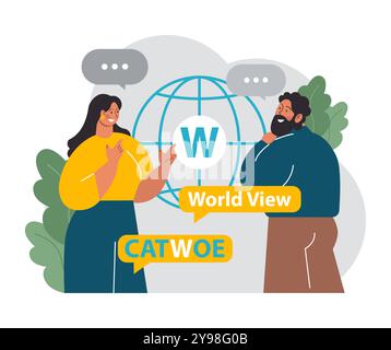 CATWOE-Technik. Moderner Ansatz, um die verschiedenen Perspektiven einer geschäftlichen Herausforderung zu verstehen. Weltanschauung bei der Problemerkennung und -Lösung. Illustration des flachen Vektors Stock Vektor