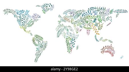 2d Hand gezeichnet Abbildung der Weltkarte. Erde Kontinente von Aquarell Blätter und Zweige. Bunte Kontinente auf weißem Hintergrund. Ecolo Stockfoto