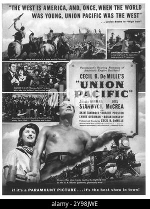 1939 Film-Poster der Union Pacific – Western-Drama unter der Regie von Cecil B. DeMille mit Barbara Stanwyck, Joel McCrea und Robert Preston in den Hauptrollen. Stockfoto