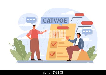 CATWOE-Technik. Moderner Ansatz, um die verschiedenen Perspektiven einer geschäftlichen Herausforderung zu verstehen. Mnemonische Checkliste zur Problemerkennung und -Lösung. Illustration des flachen Vektors Stock Vektor