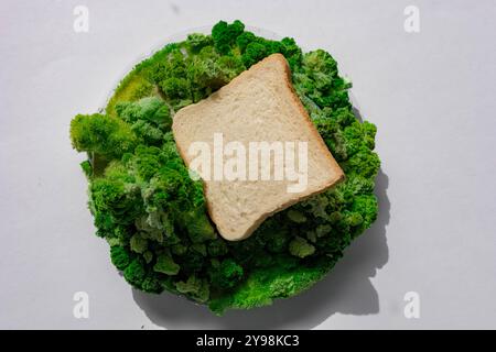 Toasten Sie Brot auf grünen Blättern und Moos. Hochwertige Fotos Stockfoto