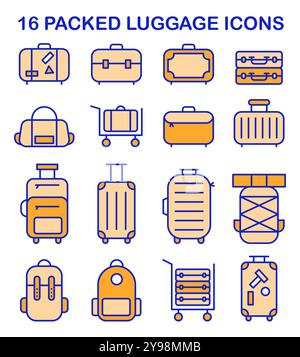 Gepäcksymbole eingestellt. Einfache Symbole für verschiedene Arten von Puckgepäck. Plastikkoffer, Stoffrucksack und Tasche. Moderne Tourismus- und Verkehrsidee. Illustration des flachen Vektors Stock Vektor