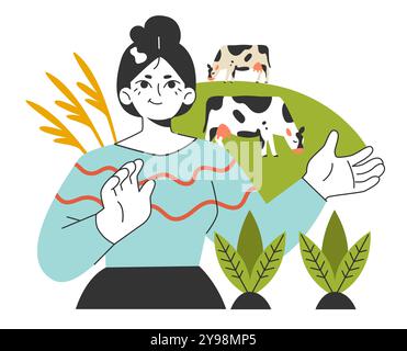 Bio-Bauernhof. Ländliche Gegend unterwegs, Kühe auf einer Wiese Landschaft. Idee für langsame Reisen. Moderne Praxis für Körper- und Geistesgesundheit. Illustration des flachen Vektors Stock Vektor