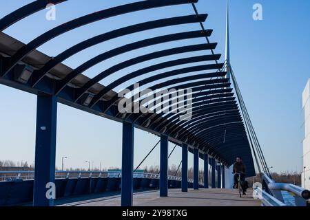 Ein einsamer Radfahrer überquert die Bell's Bridge, die über den Fluss Clyde für Fußgänger und Radfahrer gebaut wurde, Glasgow, Schottland Stockfoto