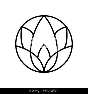 Einfache Lotosblume mit runder Linie. Emblem-Pflanze im kreisförmigen linearen Stil. Abstrakte Vektor-Abzeichen für Design von natürlichen Produkten, Blumengeschäft Stock Vektor