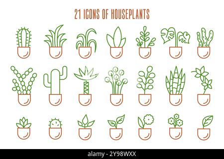 Symbolsatz „Haus Pflanzen“. Dekorative Blume im Topf mit schlichtem farbigem Design. Topfflora für den Innenraum. Botanische Kollektion. Illustration des flachen Vektors Stock Vektor