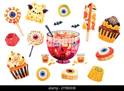 Aquarell Halloween süße Leckereien Set. Süßigkeiten und Snacks. Buntes Süßwarenset Stock Vektor