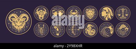 Set aus 13 astrologischen Zeichen, Himmelsobjekte, Astrologie, mystisch, Raum, prognostizieren Sie die Zukunft. Einzigartige künstlerische Darstellungen erkunden die verschiedenen aspe Stock Vektor