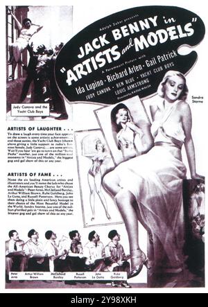 1937 Artists and Models Filmplaster - musikalische Comedy-Film unter der Regie von Raoul Walsh mit Jack Benny und Ida Lupino in den Hauptrollen. Übergeordnet Stockfoto