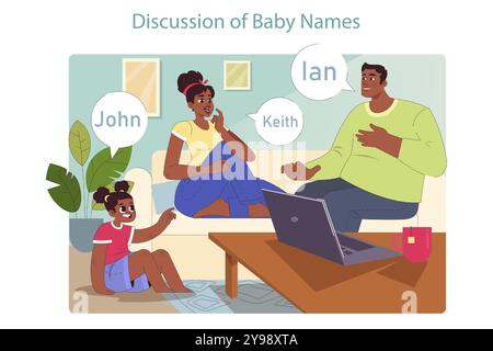 Familie erwartet ein zweites Kind. Schwarze Frau, die mit einem zweiten Baby schwanger ist. Mom, Dad und Tochter diktieren und wählen Babynamen aus. Illustration des flachen Vektors Stock Vektor