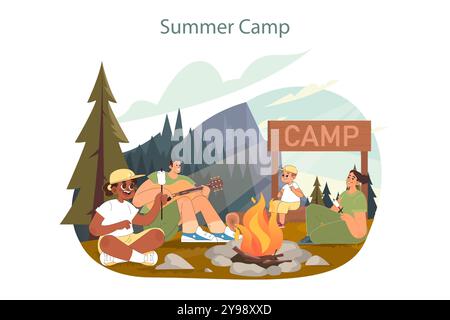 Sommercamp. Fröhliche Kinder genießen gemeinsam Urlaub in der ländlichen Gegend mit Pfadfindern. Kinder, die am Lagerfeuer sitzen. Abenteuer in der Kindheit und Erkundung der Natur. Illustration des flachen Vektors Stock Vektor