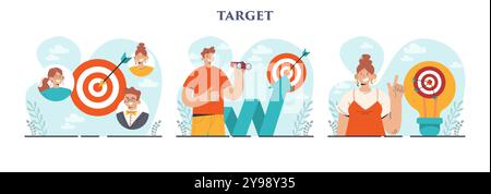 Zielkonzeptgruppe. Ehrgeizige Charaktere, die ins Ziel zielen und mit Pfeil schießen. Vorstellung von Erfolg und Motivation, Entschlossenheit oder Inspiration zur Verbesserung. Illustration des flachen Vektors Stock Vektor