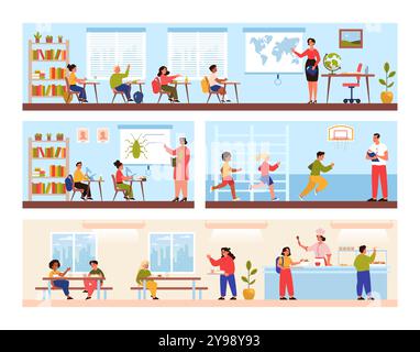 Grundschulgebäude innen. Drei Etagen mit Klassenzimmern, Speisesaal und Fitnessstudio. Kinder Grundschulbildung und Lernroutine. Illustration des flachen Vektors Stock Vektor