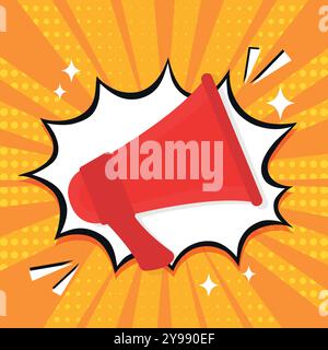 Filmhintergrund im Pop Art Stil. Lautsprecher in Comic-Sprechblase. Vorlage für Filmpremiere Stock Vektor