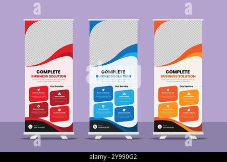 Minimalistisches abstraktes Rollup-Bannerdesign für Unternehmensagenturen mit drei Farbvarianten Stock Vektor