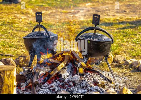 Zwei große schwarze gusseiserne Töpfe, die bei einer hohen Temperatur des Feuers auf dem Gras platziert wurden, um eine Mahlzeit zuzubereiten, Artofli-Braten Stockfoto