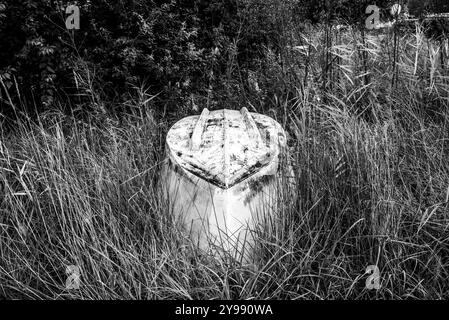 Ein kleines verlassenes Fischerboot stürzte auf dem Schilf am Kalterer See in Bozen, Italien Stockfoto