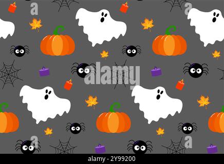 Halloween-Muster mit Kürbissen, Skull Spooky Ghost, Spinnen, Web, Blätter, orangefarbene und violette Kerzen. Premium-Vektor Im Cartoon-Stil Stock Vektor