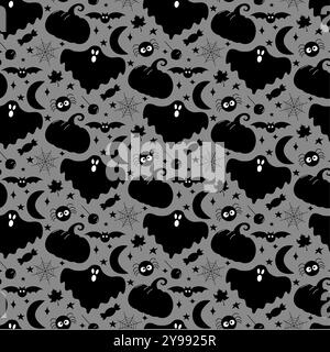 Nahtloses Vektormuster für Geister. Halloween-Textur auf weißem Hintergrund. Kritzeleien handgezeichnete Illustration. Stock Vektor