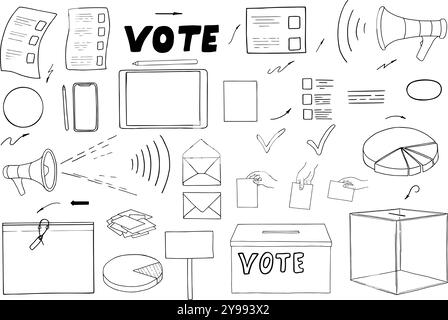 Auswahllinie Symbole Vektor isolierte Illustrationen ClipArt gemalt mit schwarzen Tinten. Stimmzettel, Bulletin, Lautsprecher, Umschlag, Schaltplan, Briefsatz Stock Vektor