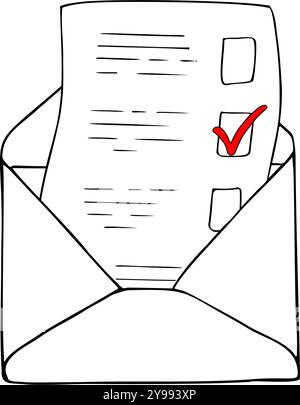Buchstabe mit rotem Häkchen in geöffnetem Umschlag Vektor-Symbol Strichgrafik schwarze Tinte Skizze. Einfarbiges Schild, Umrisssymbol für die Illustration des Wahltages Stock Vektor