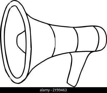 Monochrome Lautsprechervektorskizze mit schwarzen Tinten gemalt. Ätzzeichnung von Ton und Sprachverstärker. Abbildung der Hupe für Meldungssymbol Stock Vektor