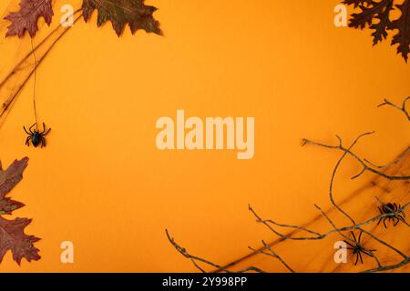 Halloween-Komposition. Halloween-Dekorationen alte Zweige aus dem gruseligen Wald mit Kürbissen, Netz, Spinnen und Herbstblättern auf orangem Hintergrund Top-Wettbewerb Stockfoto