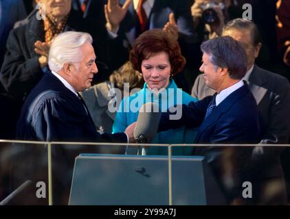 Präsident Jimmy Carter und First Lady Rosalynn Carter bei seiner Vereidigung am Tag der Amtseinführung, Januar 1977, Bernard Gotfryd Stockfoto