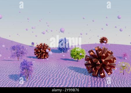 Abstrakte farbenfrohe Landschaft mit surrealen geometrischen Formen und Bäumen. 3D-Rendering Stockfoto