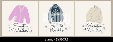 Vektor Set Hand gezeichnete Karten: Gestrickte Pullover und Lettering Sweater Wetter. Flache Abbildungen. Stock Vektor