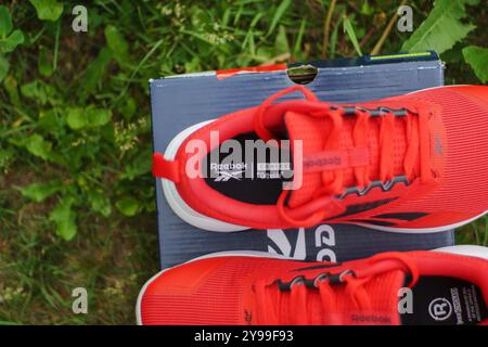 Tyumen, Russland, 20. Juni 2024: Rotes Reebok Logo Modell Nanoflex Sneakers, Laufschuhe. Stockfoto