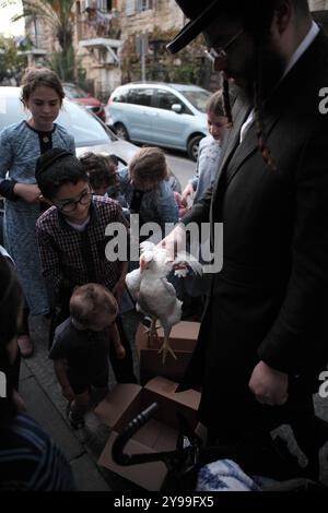 Ultra Orthodox man zeigt Kindern und Kleinkindern einen Hahn, der ihn ansieht und anfasst, bevor er für Kapprot getötet wird, kurz vor Yom Kippur oder dem Tag der Sühne. Stockfoto