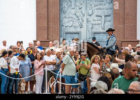Reiter, der auf einem reinrassigen spanischen Pferd in andalusischer Kleidung reitet und eine Dressur a la vaquera am Tag des Pferdes auf der Messe i vorführt Stockfoto
